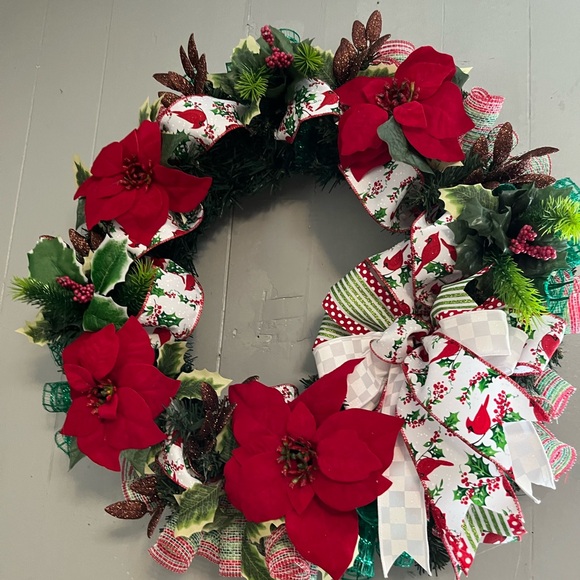 Elegant Red Poinsettia Holiday Wreath - Picture 3 of 4